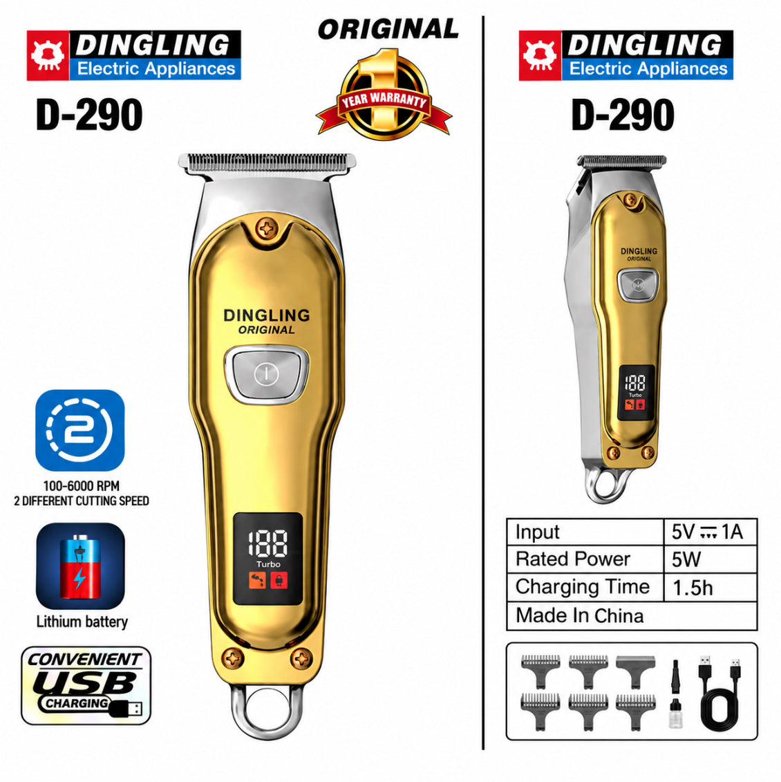 Dingling Gold Edition Hair Trimmer – Powerful, LCD Display | Type-C Fast Charging