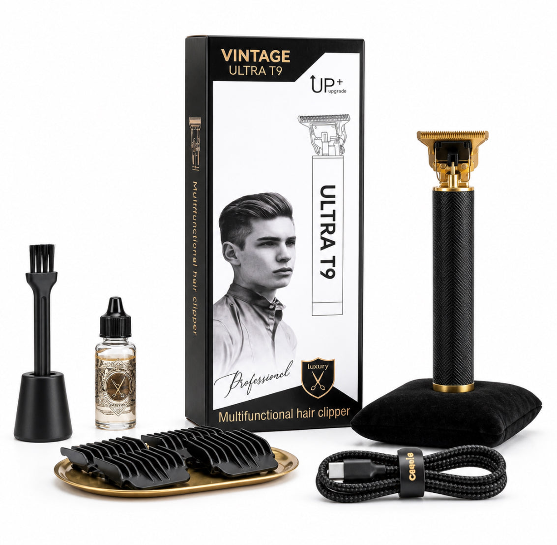 Vintage T9 Professional Hair Clipper – Rechargeable Cordless Trimmer with Guide Combs