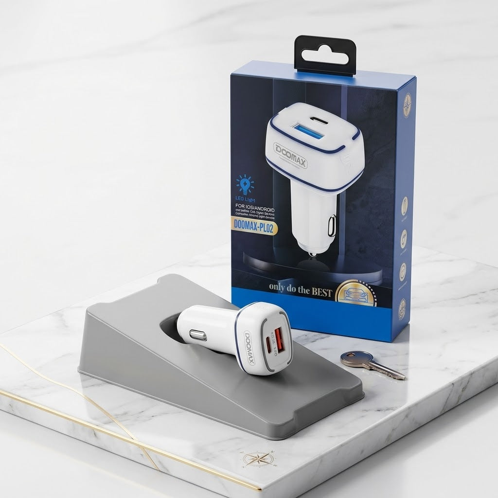DOOMAX PL02 Dual USB + Type-C Fast Car Charger | 5V/9V/12V