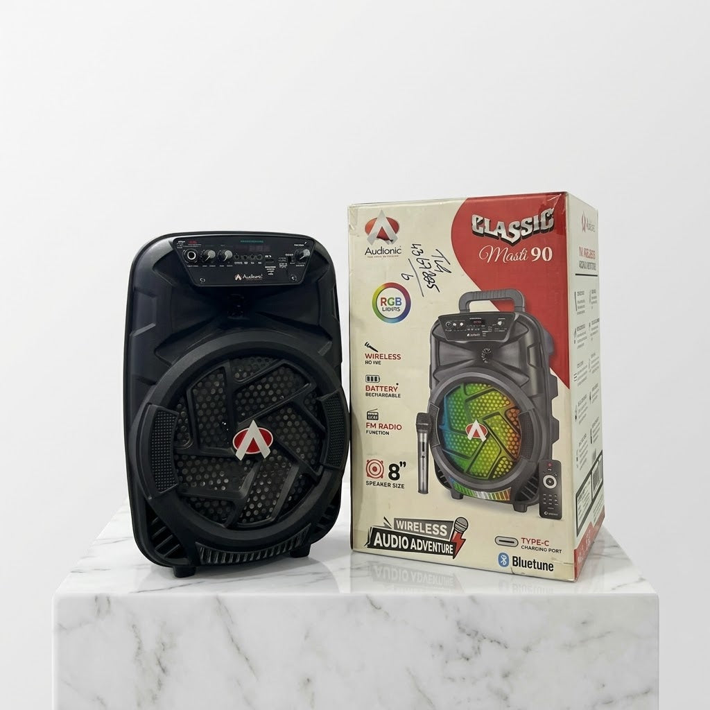 Classic 90 Bluetooth Party size Speaker with Wireless Mic, Remote Control & RGB Lights